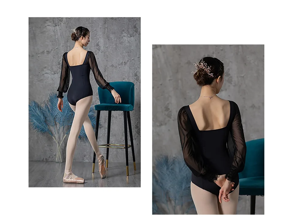 Back view of a woman wearing a black long-sleeve ballet leotard with sheer mesh sleeves.