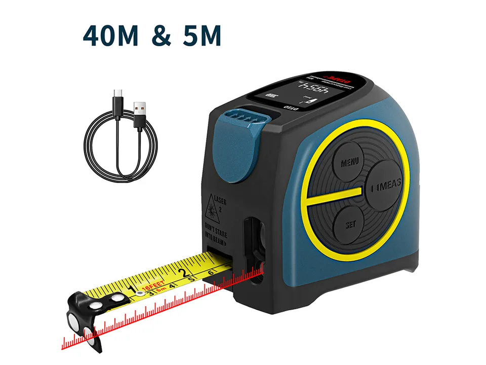 Digital laser tape measure with included USB charging cable