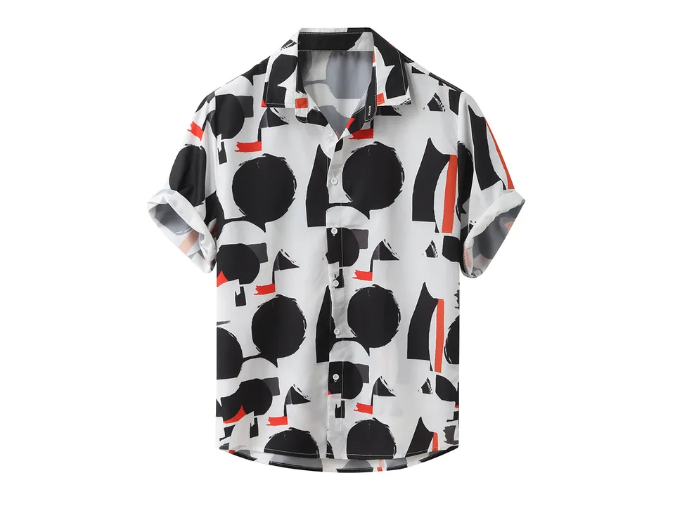 Front view of a white short-sleeve button-down shirt with a black and orange abstract circle pattern.