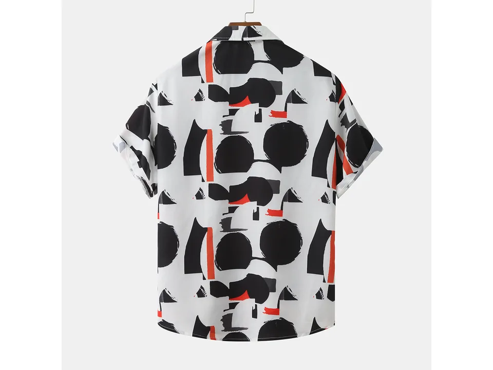 Back view of a white short-sleeve button-down shirt with a black and orange abstract circle pattern.