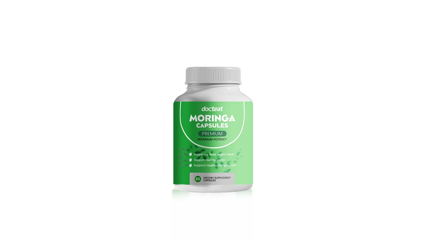 A bottle of Docteat Moringa Capsules dietary supplement.