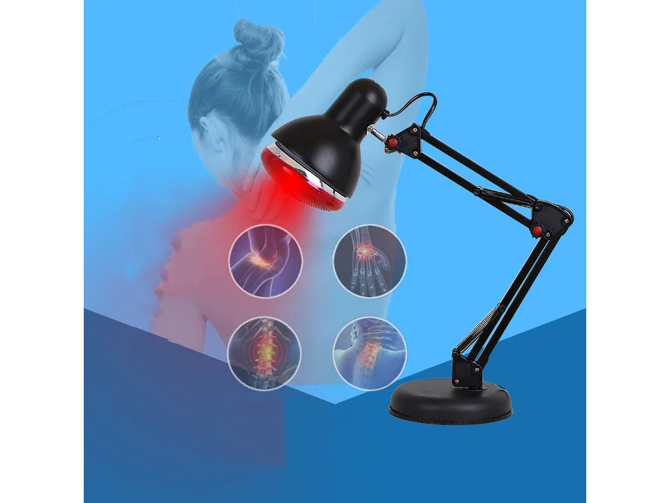 Infrared heat lamp positioned to provide therapy to a person's shoulder and back.