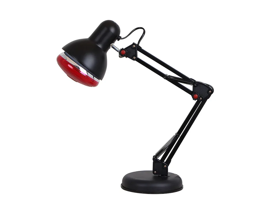 Black infrared heat lamp with an adjustable folding stand on a white background.