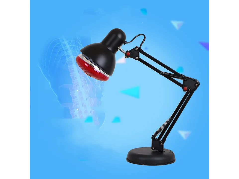 Black infrared heat lamp with an adjustable folding stand.