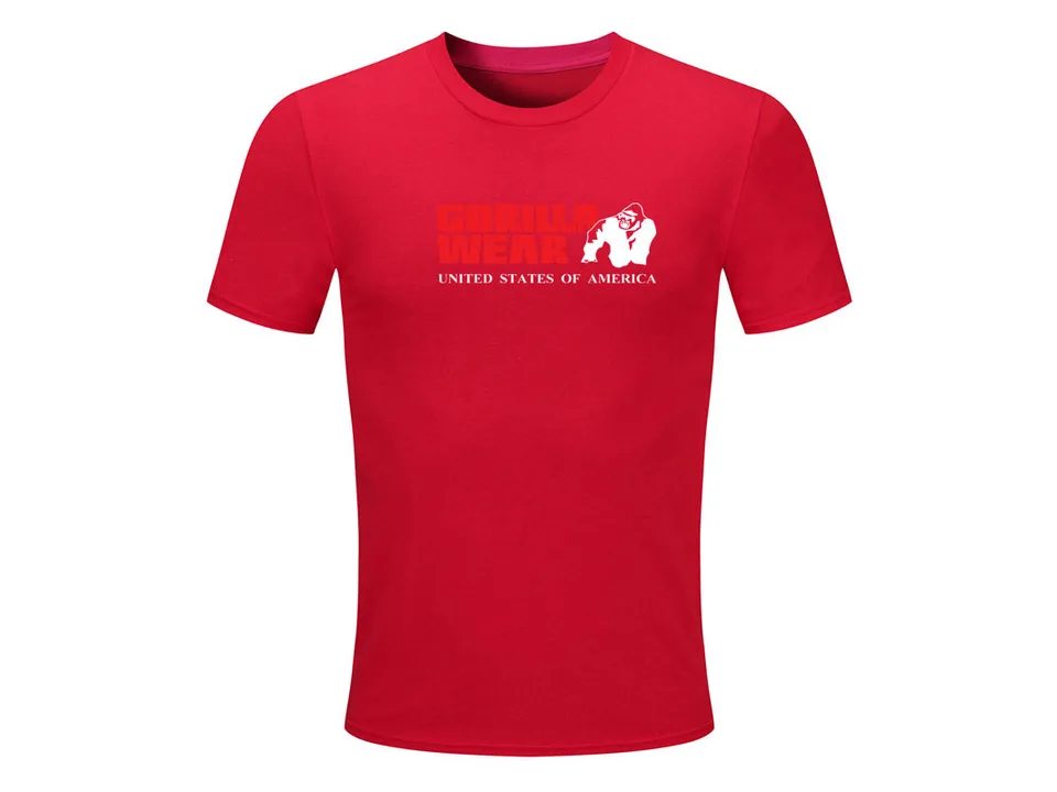 Red short-sleeve t-shirt with Gorilla Wear logo on the chest.
