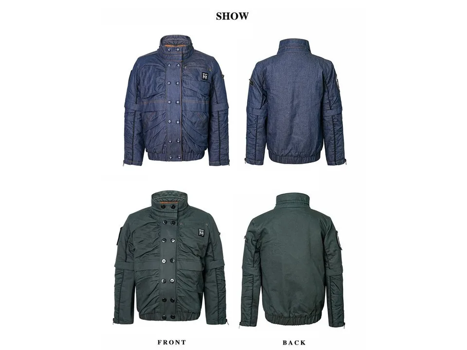 Front and back views of the jacket in both blue and green color options.