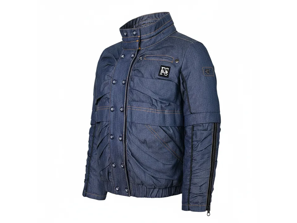 A blue denim-style jacket for boys with a high collar and button-up front.
