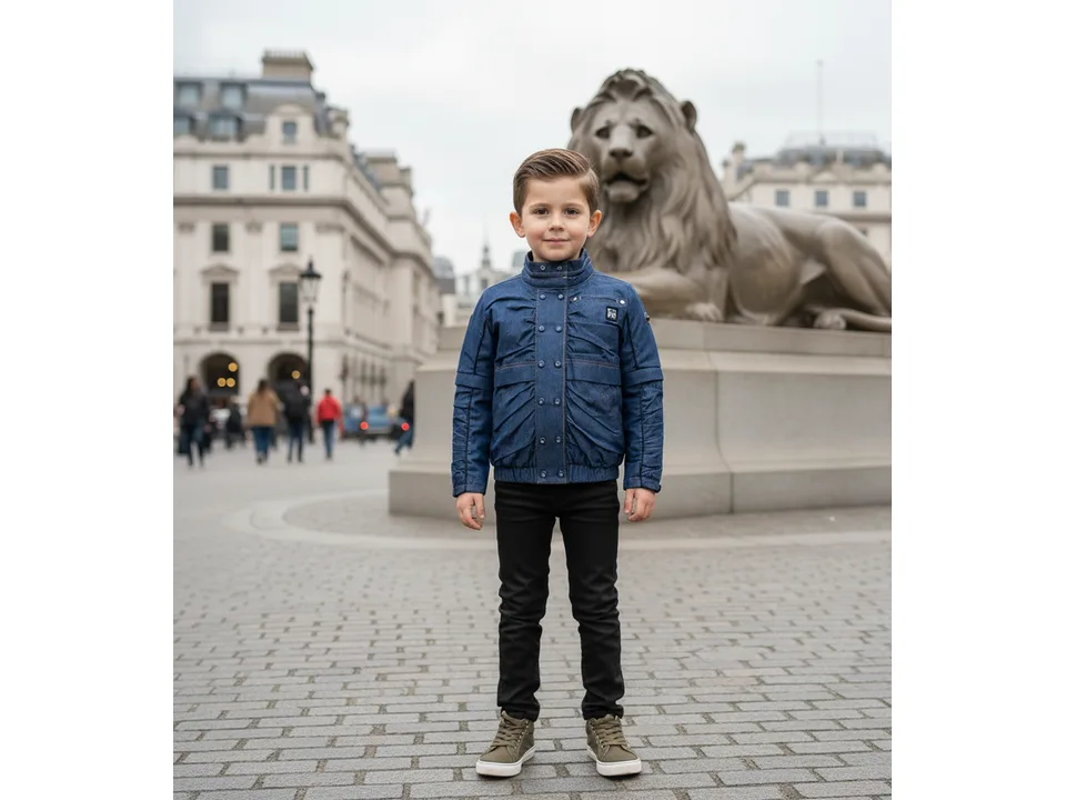 A young boy wearing the blue jacket, standing in front of a lion statue.