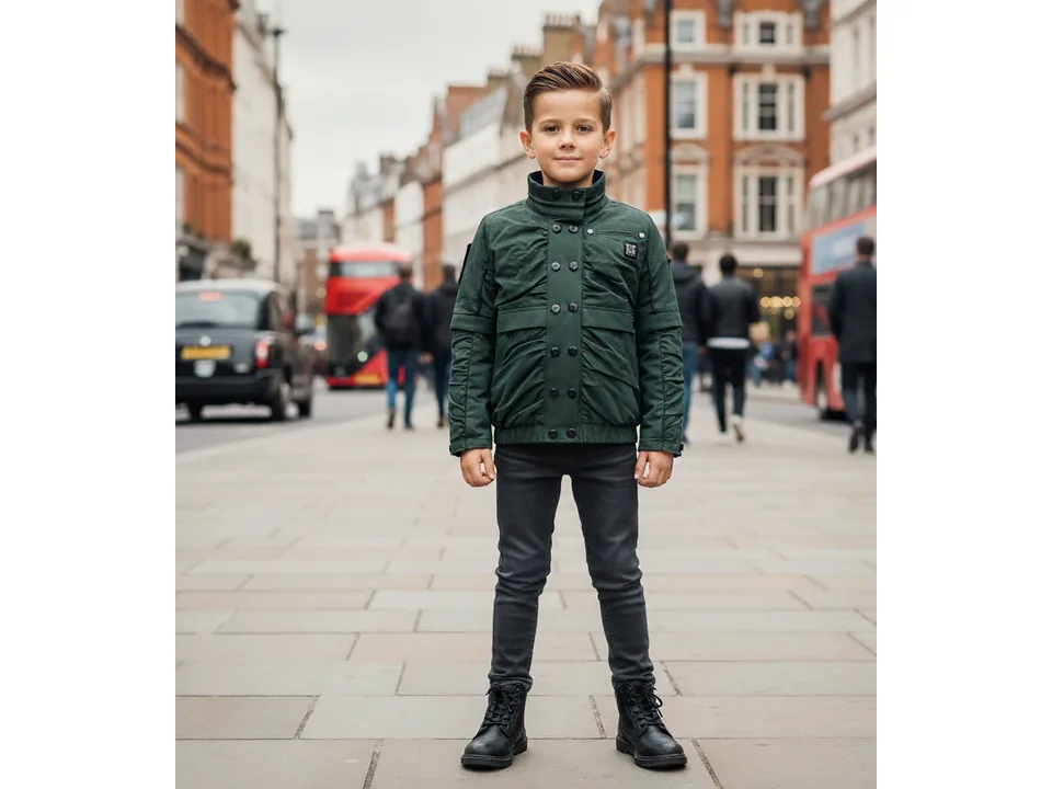 A young boy wearing a green version of the jacket, standing on a city street.