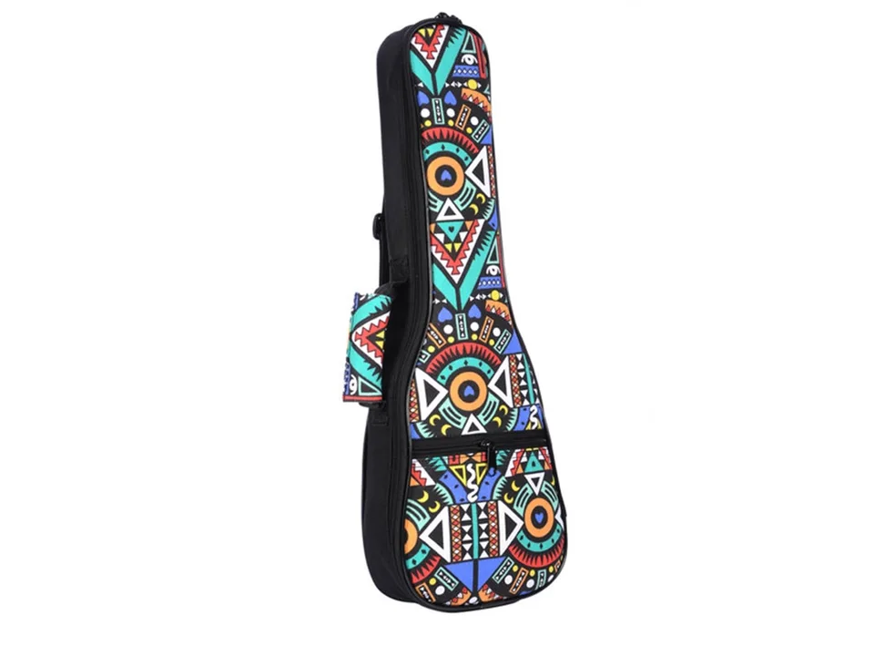 The patterned ukulele case standing upright.