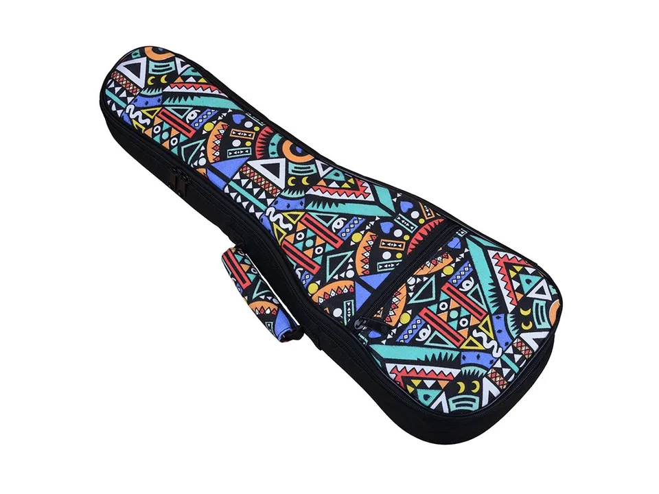 A patterned ukulele case shown from an angled perspective.