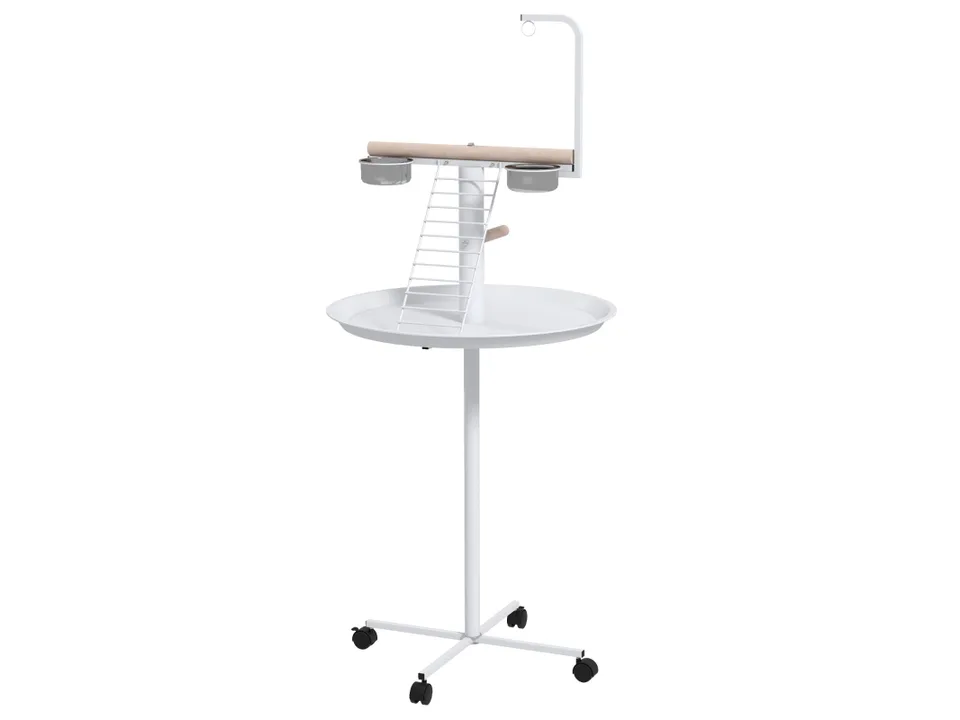 Full view of the white bird play stand with wheels, perches, and feeding bowls.