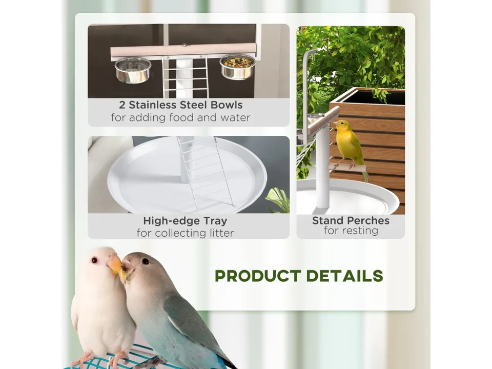 Collage showing close-ups of the bird stand's stainless steel bowls, tray, and perches.