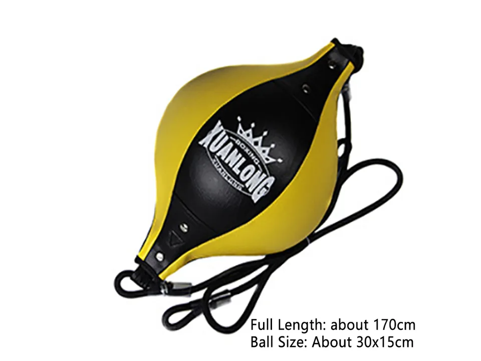 Yellow and black boxing speed ball with hanging rope and dimensions listed.