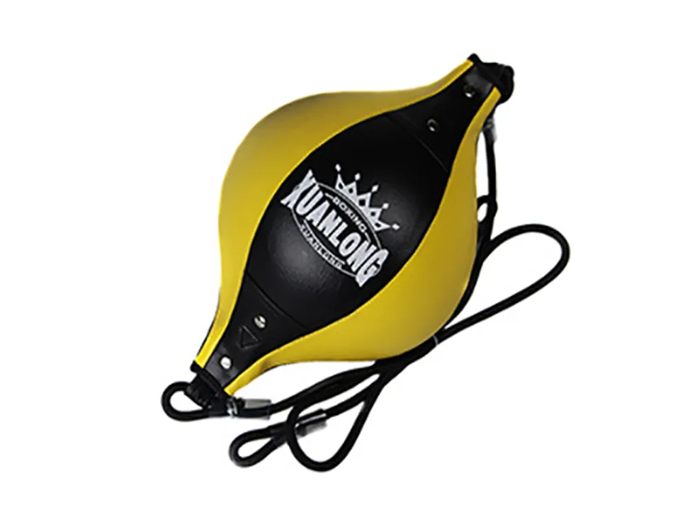 Yellow and black boxing speed ball with hanging rope.