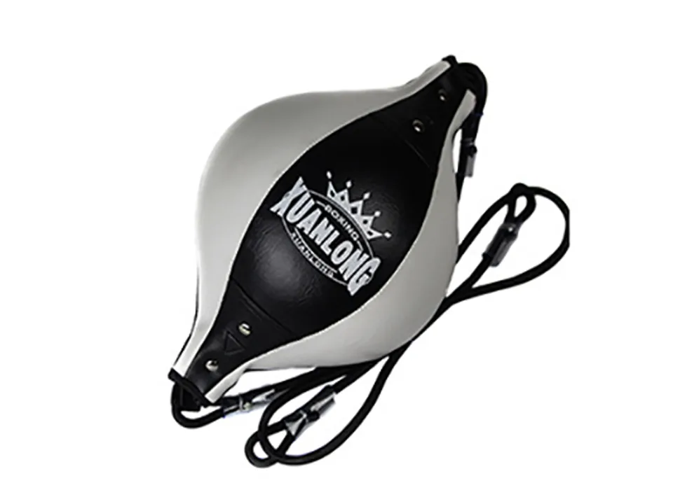 White and black boxing speed ball with hanging rope.