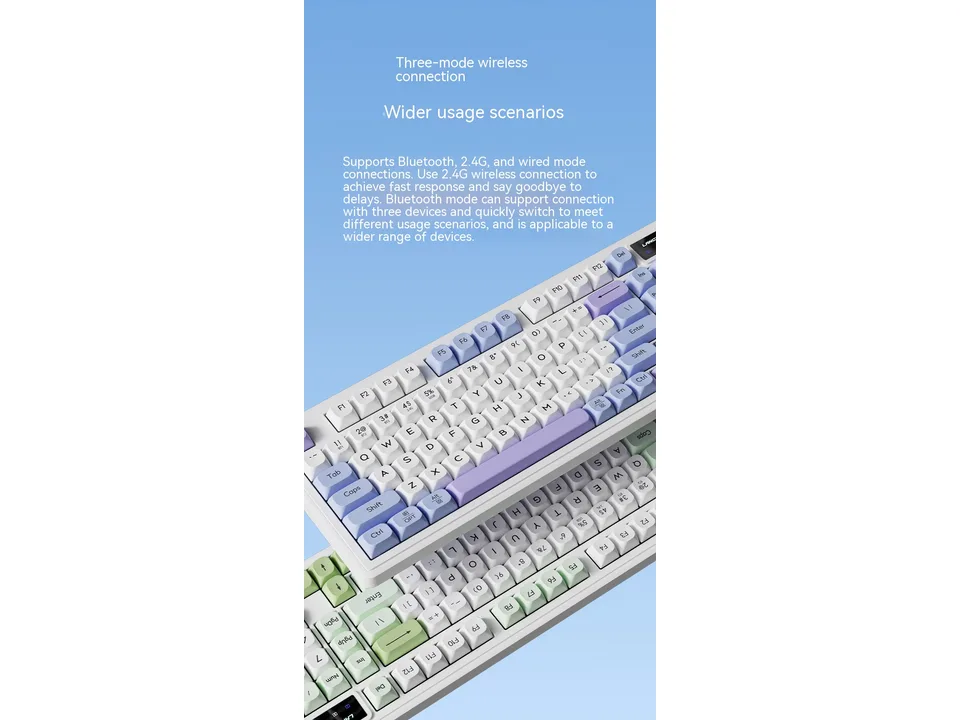 A top-down view of the mechanical keyboard showing the key layout and wireless connection options.