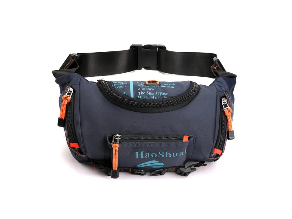 A dark blue tactical waist bag with orange zipper pulls on a white background.