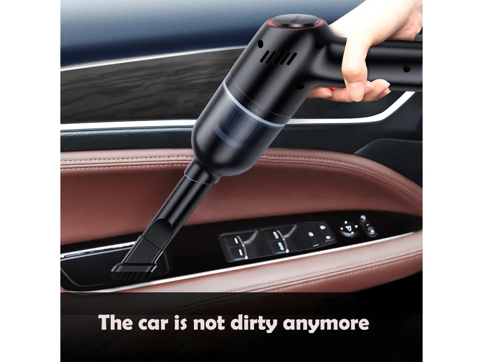 Handheld vacuum cleaner cleaning a car door panel
