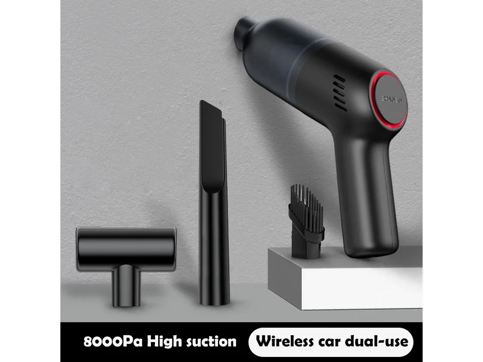 Black handheld vacuum cleaner with three different nozzle attachments