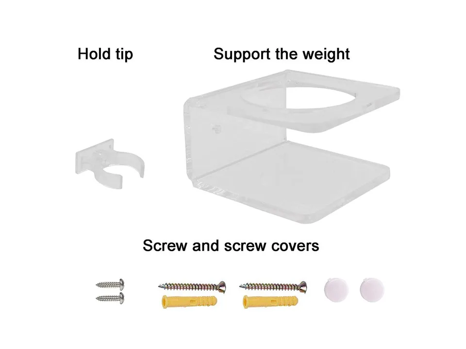 Acrylic wall mount bracket parts including screws and screw covers.