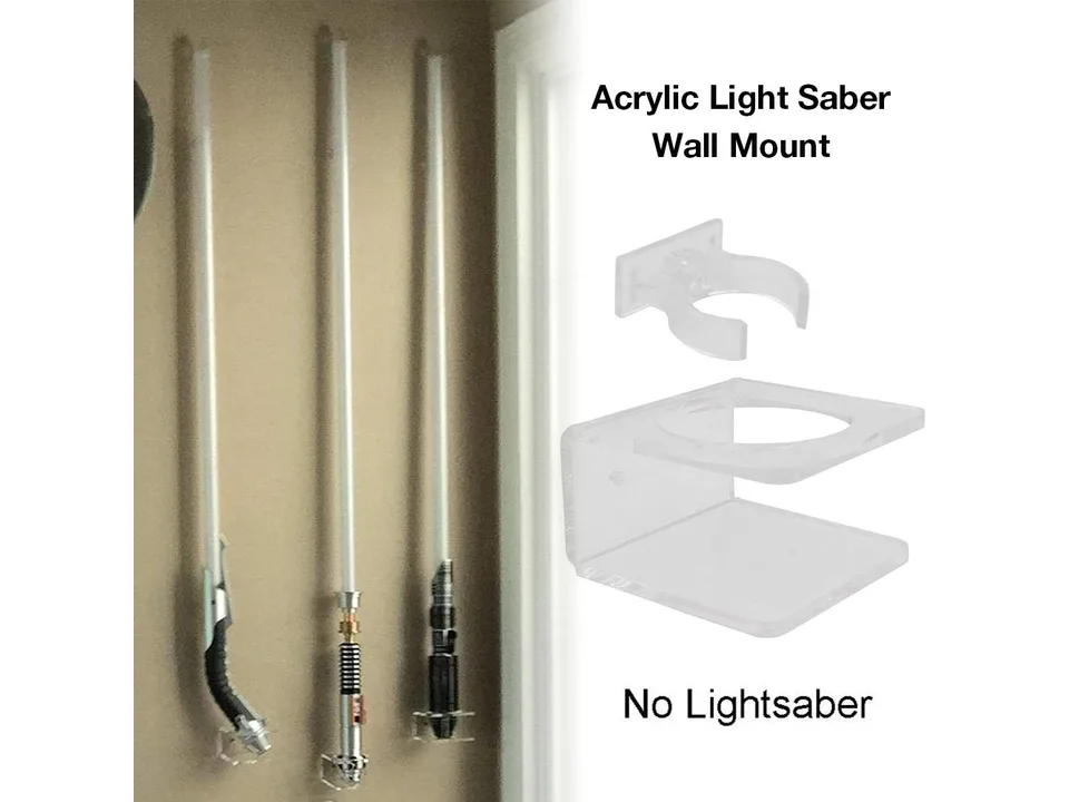 Three lightsabers mounted on a wall using clear acrylic brackets.