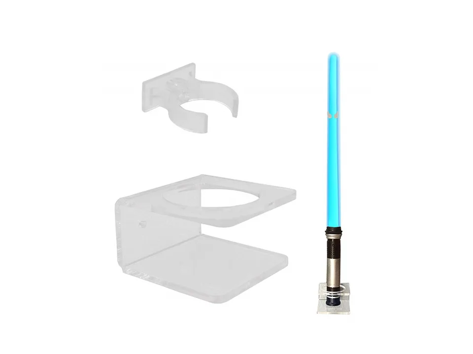 Clear acrylic wall mount bracket holding a blue lightsaber.