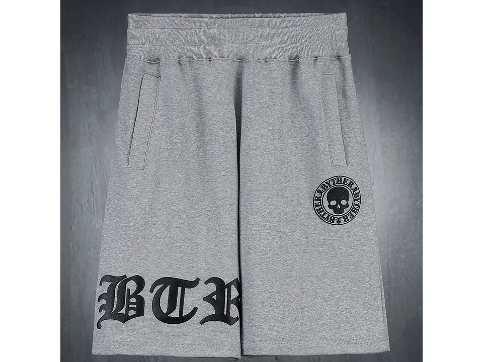 Grey cotton sweatshorts with a skull logo and BTR lettering.