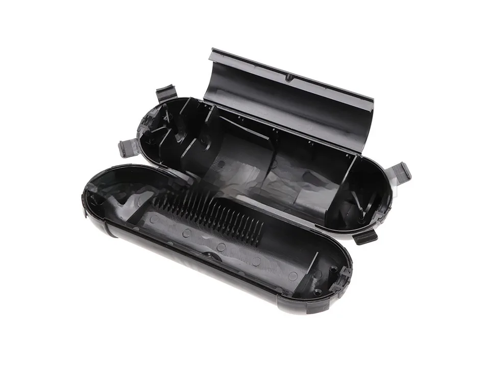 Open black outdoor extension cord safety junction box