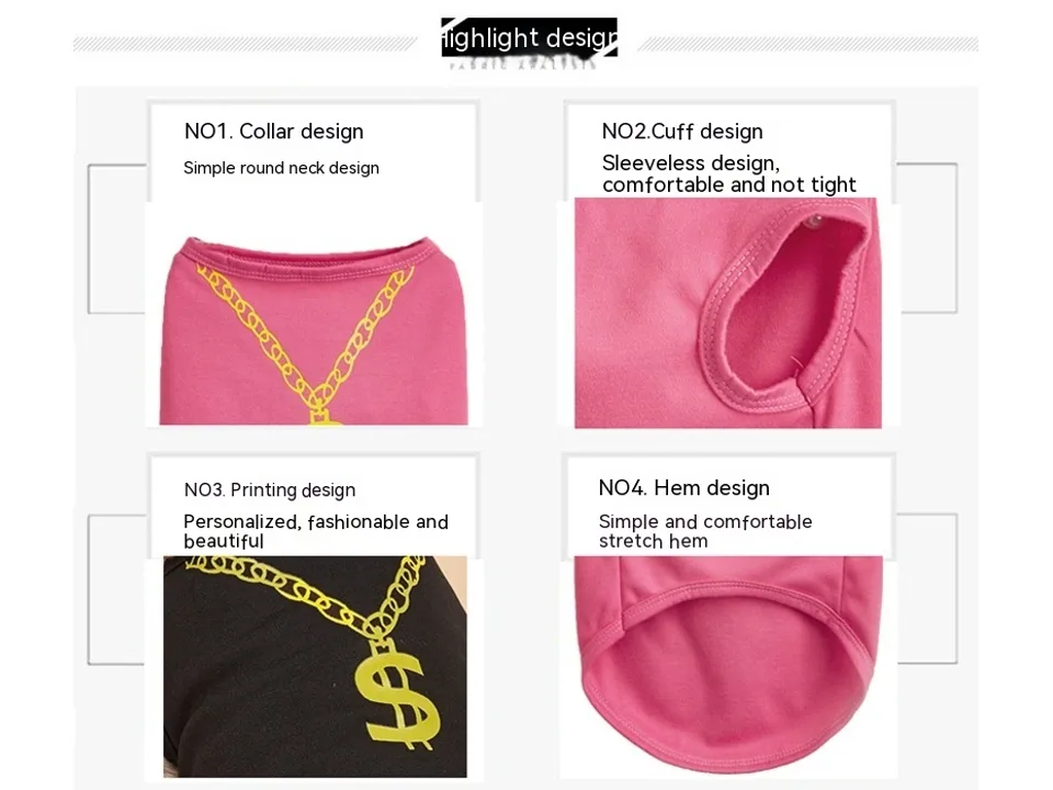 Close-up views of the dog vest showing the collar, arm holes, print design, and hem.