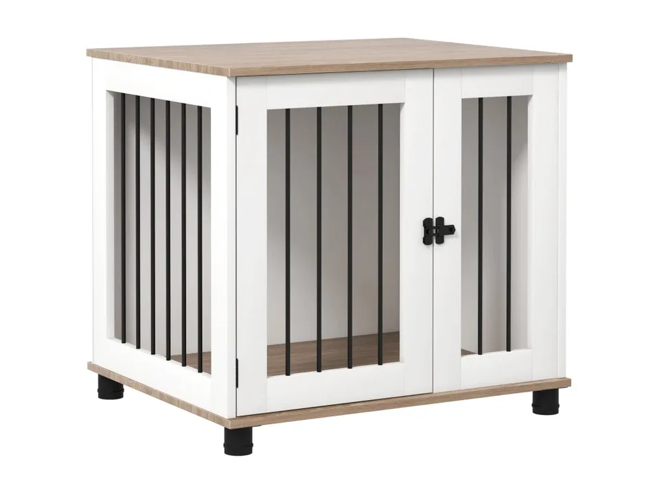 White and wood-tone dog crate end table with black metal bars.