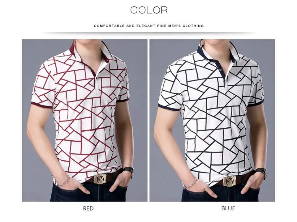 Two men wearing the geometric pattern polo shirt in red and blue colorways.