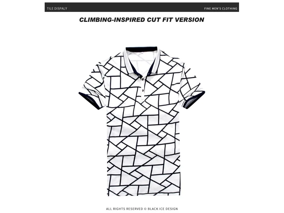 A full view of the white polo shirt with a black geometric pattern.