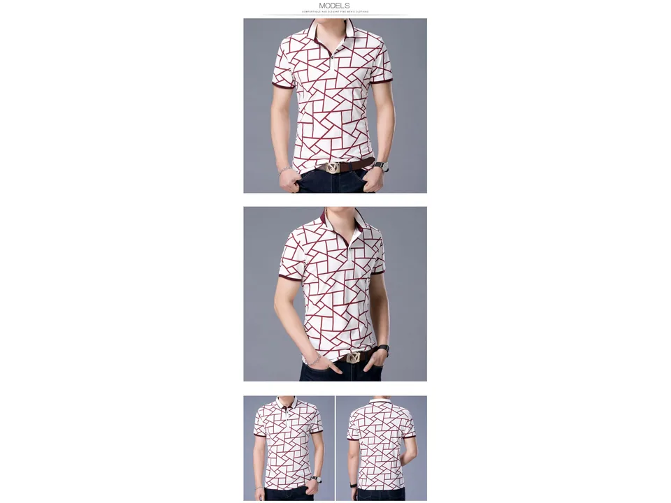 A model wearing the red geometric pattern polo shirt from front and back angles.