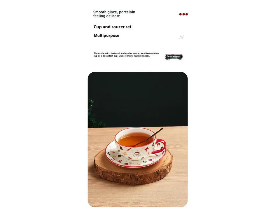 A Christmas-themed ceramic tea cup and saucer with tea and a spoon.