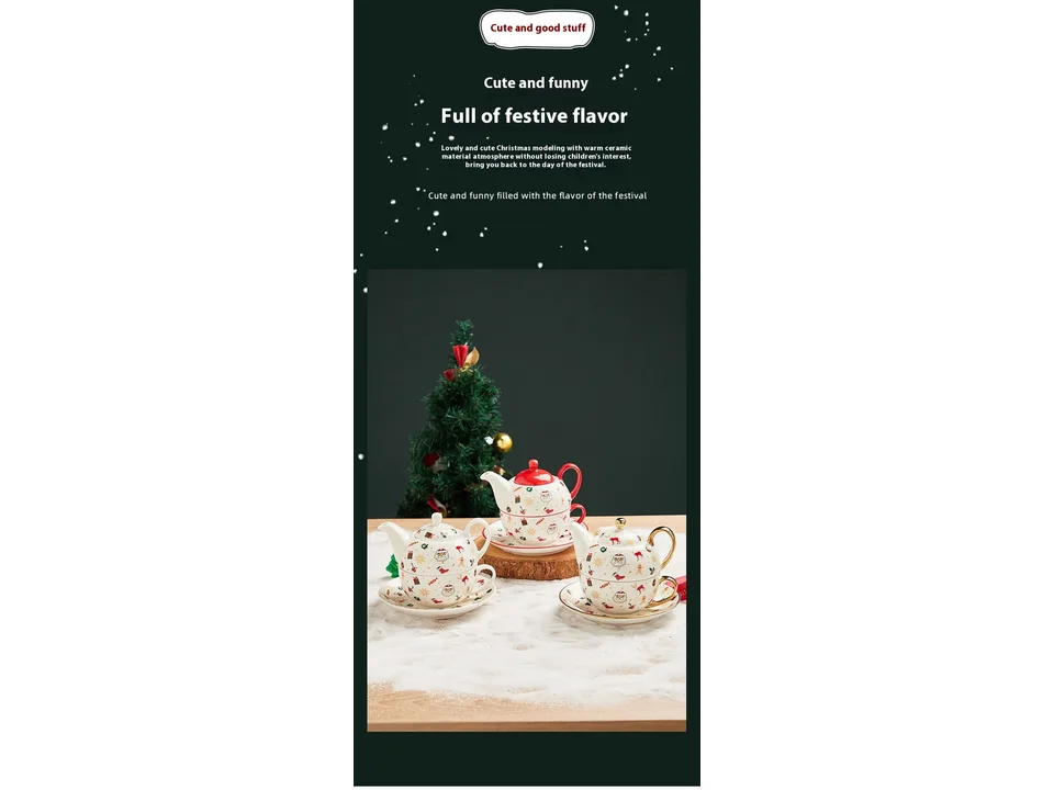 Christmas-themed ceramic tea for one sets with teapot, cup, and saucer on a table.