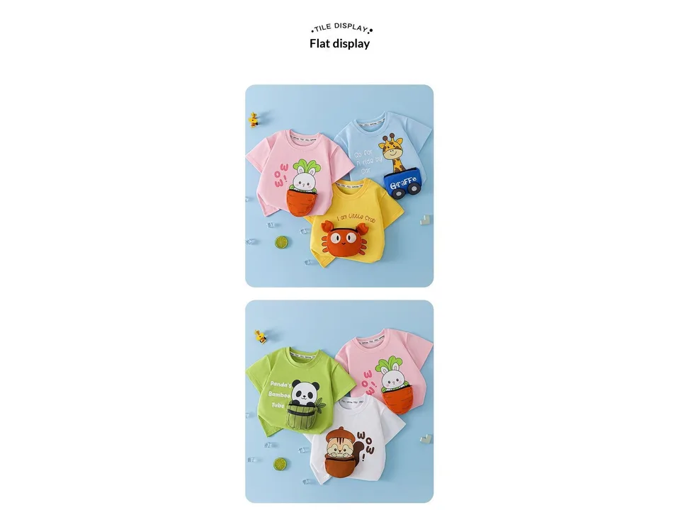 Flat lay display of various colorful kids' t-shirts with 3D zipper pockets.