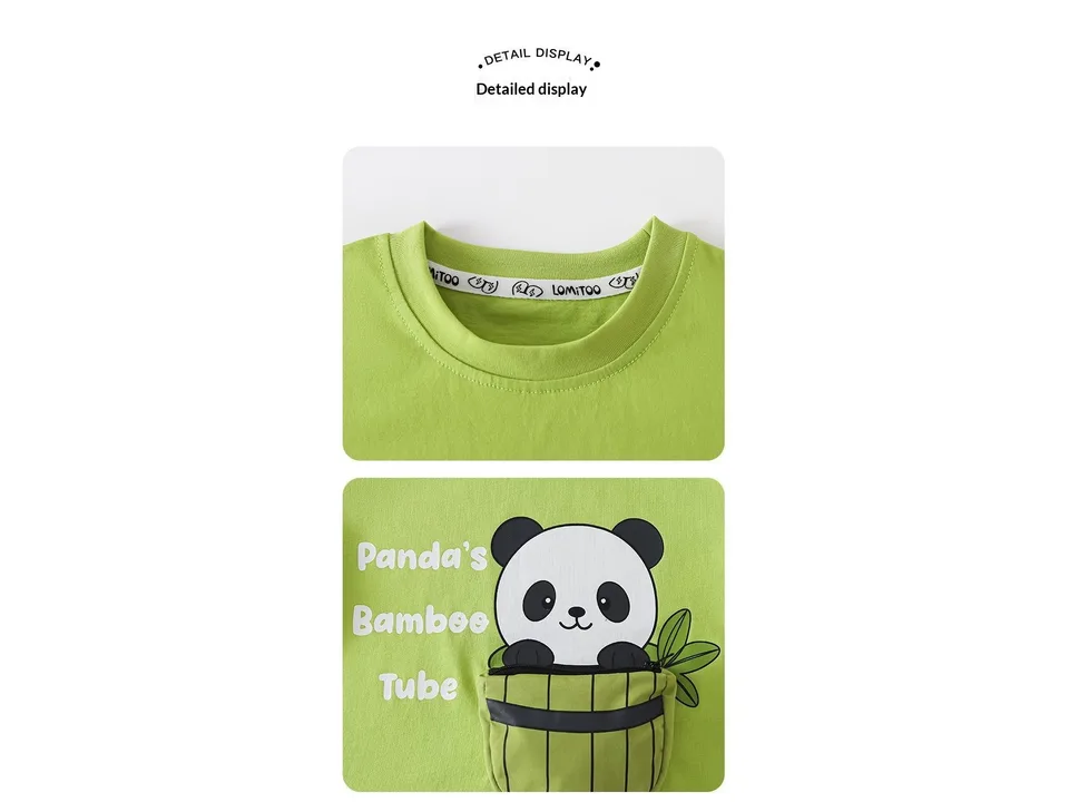 Close-up of a green t-shirt neckline and a 3D panda zipper pocket detail.