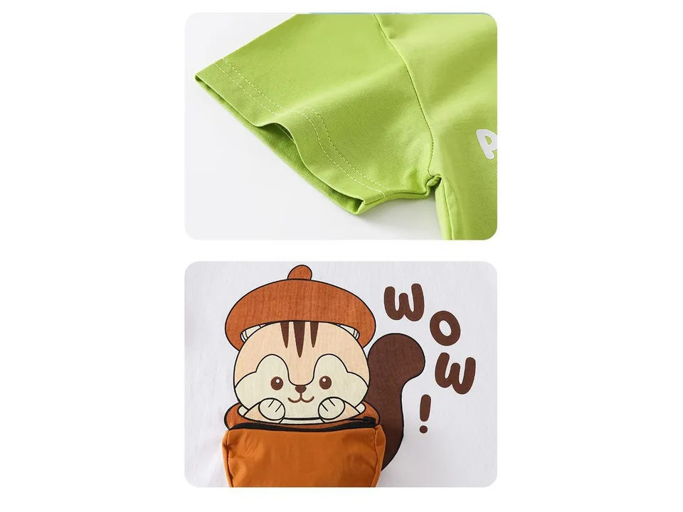 Close-up of a green t-shirt sleeve and a 3D squirrel zipper pocket detail.