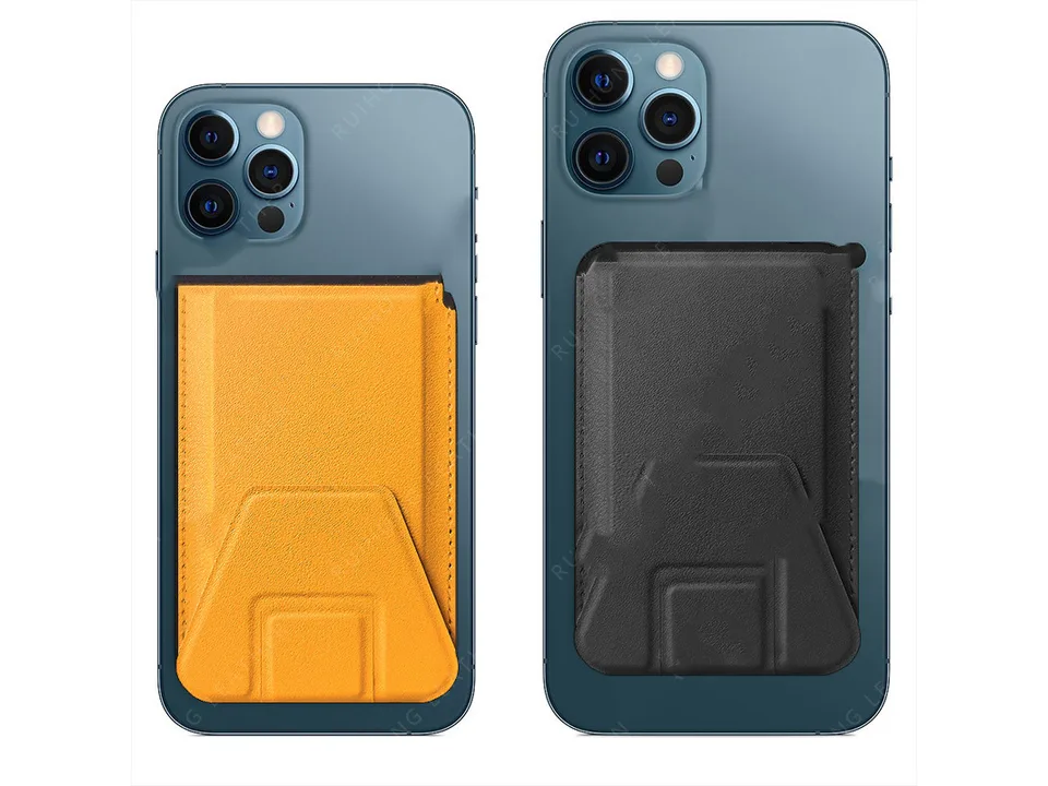 Yellow and black magnetic card holders attached to the back of smartphones