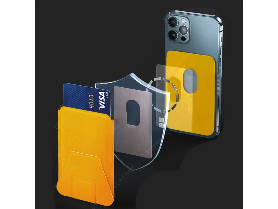 Magnetic phone card holder showing internal shield and attachment to phone