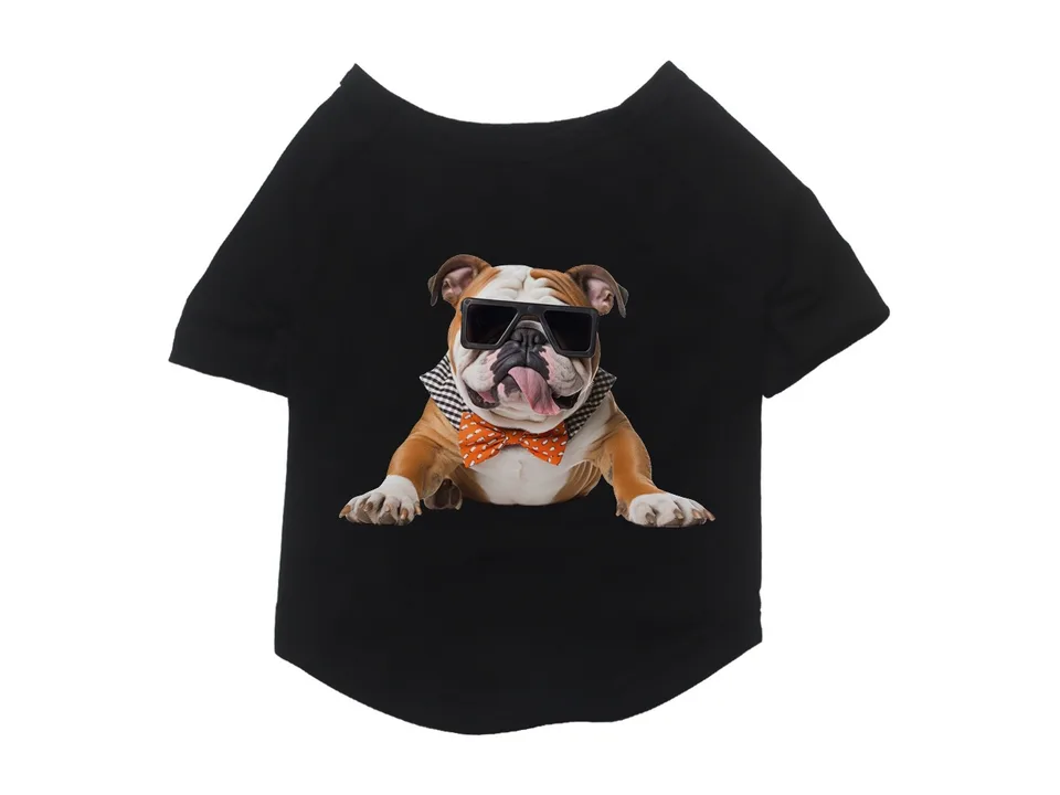 Black pet t-shirt with a graphic of a bulldog wearing sunglasses and a bow tie.