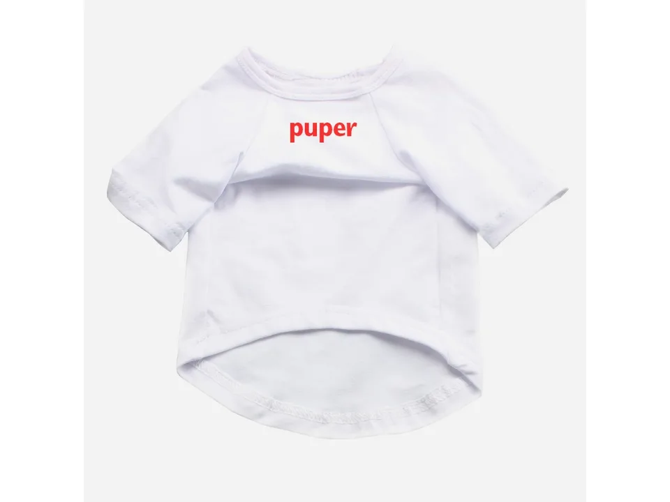 White pet t-shirt with the word 'puper' printed in red.