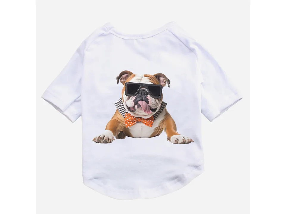 White pet t-shirt with a graphic of a bulldog wearing sunglasses and a bow tie.