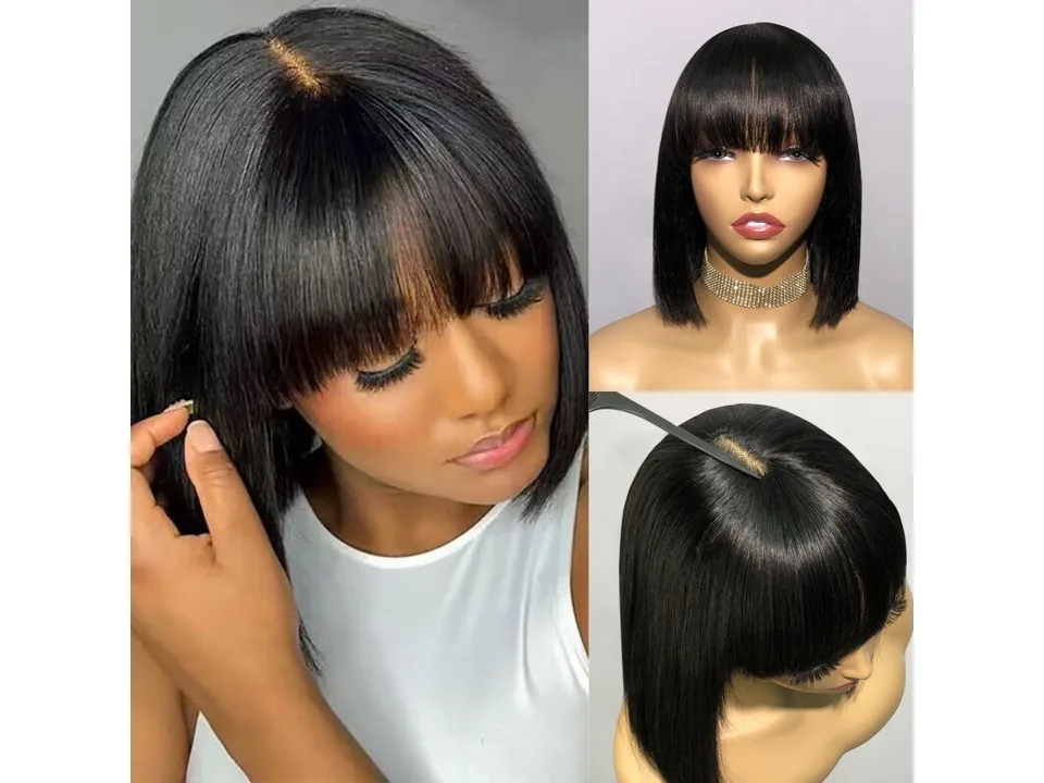 Collage showing a person wearing the wig and a close-up of the wig's parting.