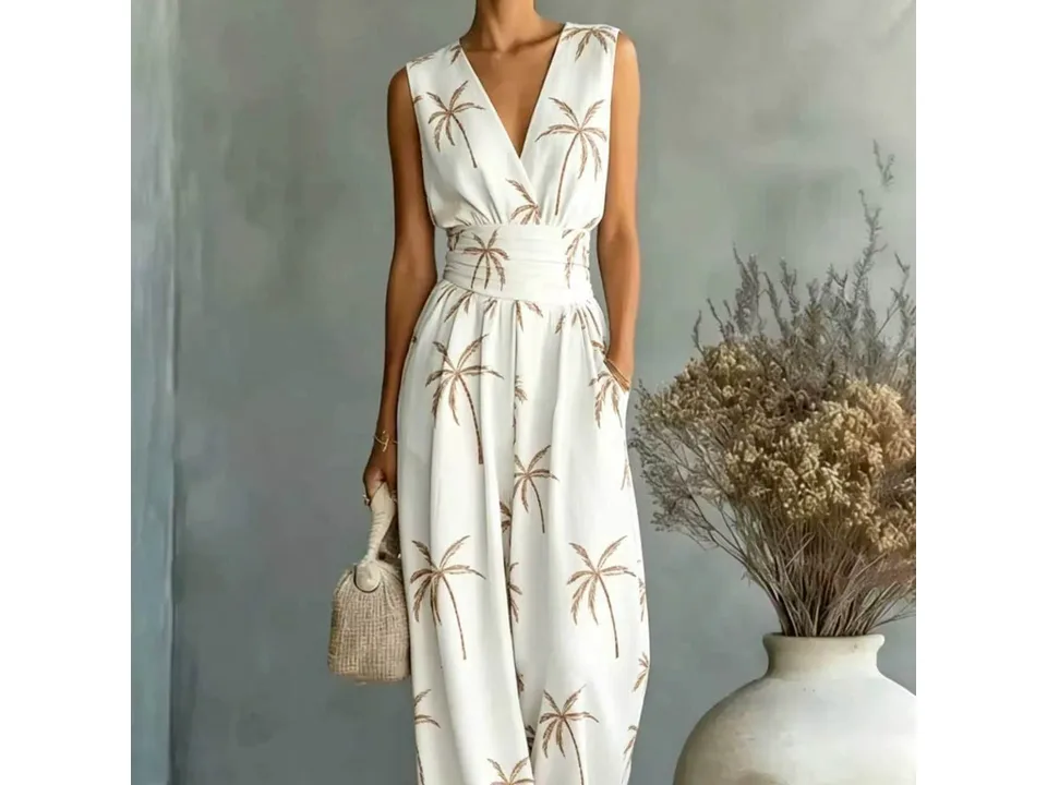 A woman wearing a sleeveless V-neck wide-leg jumpsuit with a palm tree pattern.