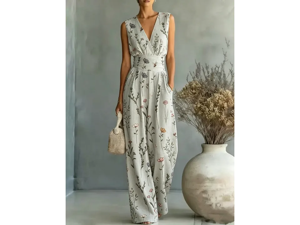 A woman wearing a sleeveless V-neck wide-leg jumpsuit with a floral pattern.