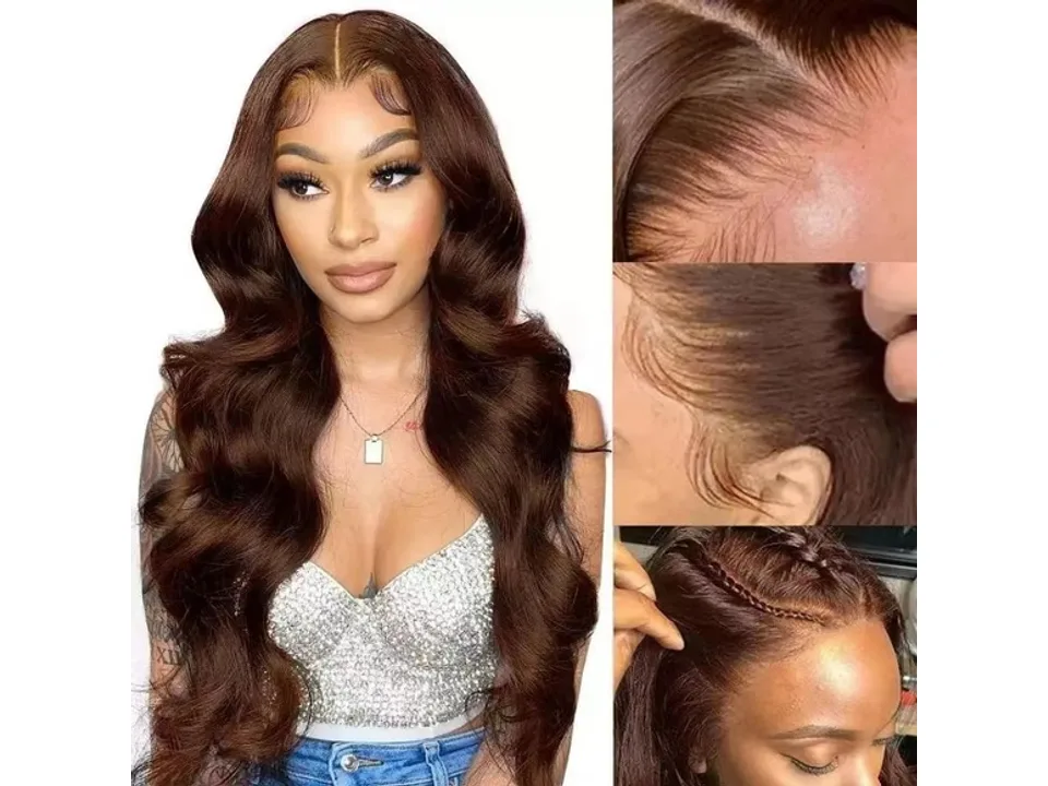 A woman wearing a long, wavy, dark brown lace front wig with close-up details of the hairline.
