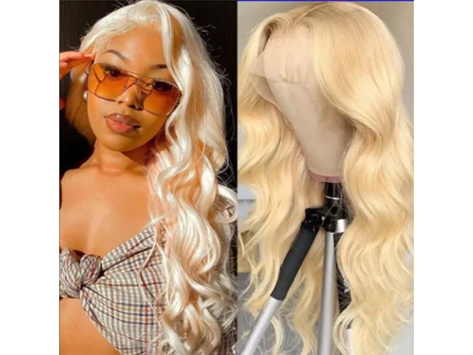 A woman wearing a long, wavy, blonde lace front wig next to the same wig on a mannequin head.