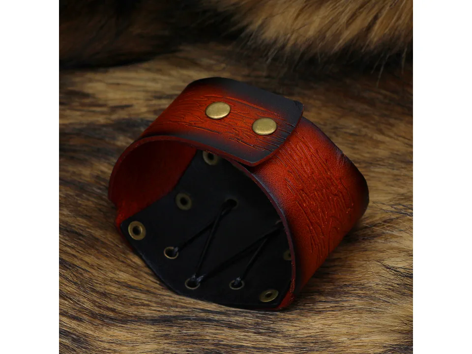 Back view of the leather Viking bracelet showing the snap button closure.